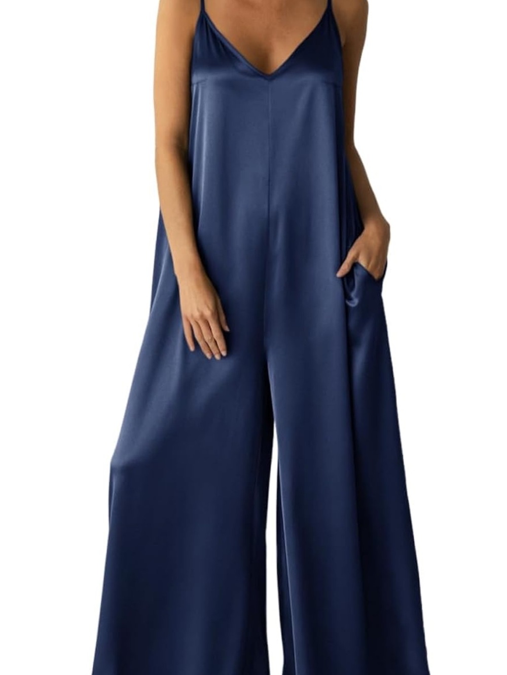 Amazon Navy Satin V-Neck Wide-Leg Jumpsuit